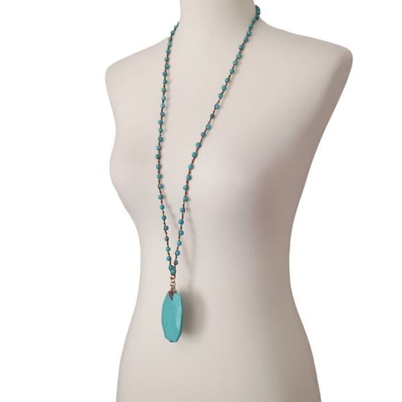 Sequin Brand Faux Turquoise Pendant Necklace Beaded Bohemian Witchy Hippie Boho - Picture 2 of 15